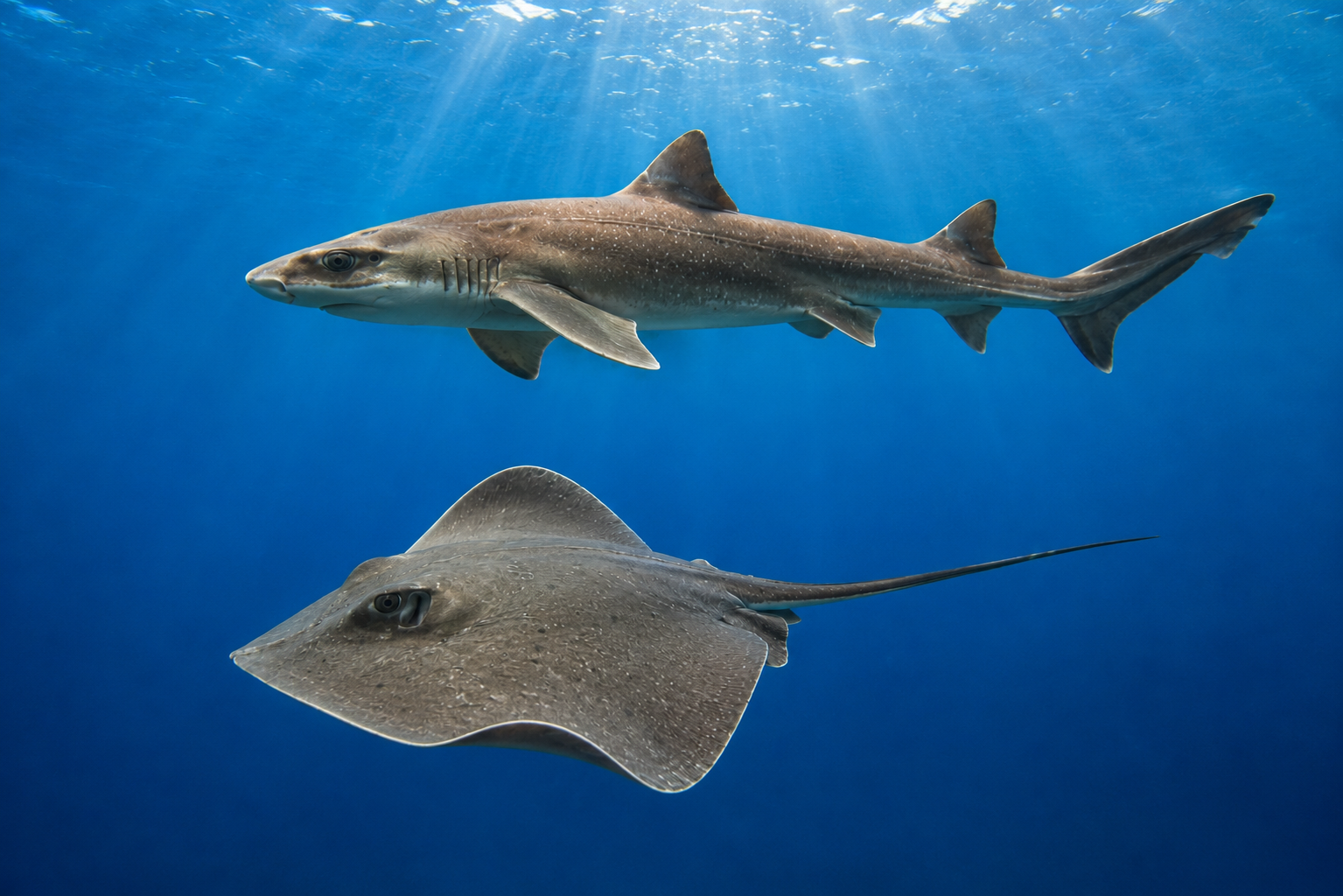 Raie brunette et requin roussette